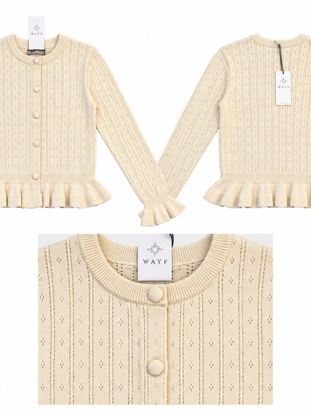 WAYF Ivory Pointelle Ruffle Peplum Cardigan Sweater XS NWT